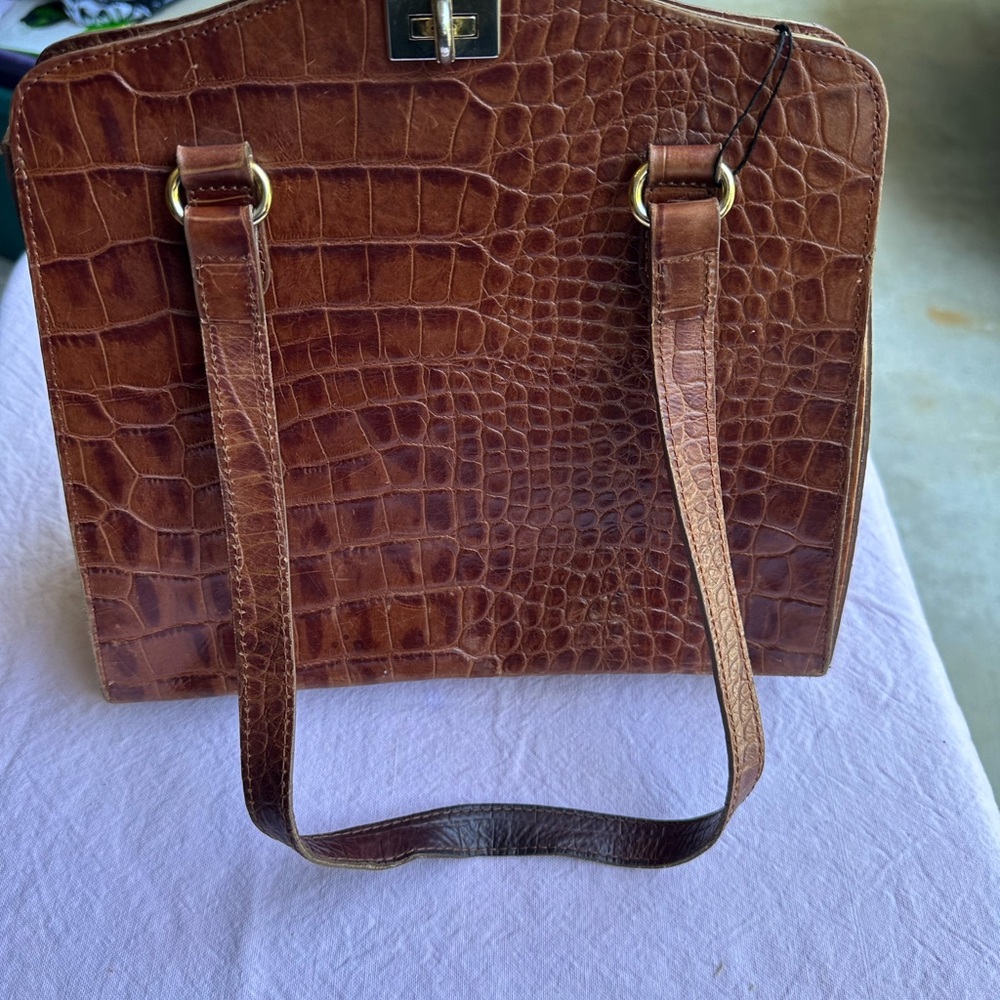 Brown Crocodile Embossed Shoulder Bag with Gold Hardware